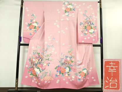 平和屋本店∵極上　本加賀友禅作家 岡本幸治 女の子 十三参り　子供　祝着　御所車花文　石竹色地　暈し染め　三越扱い　逸品　DZAB5381kh6