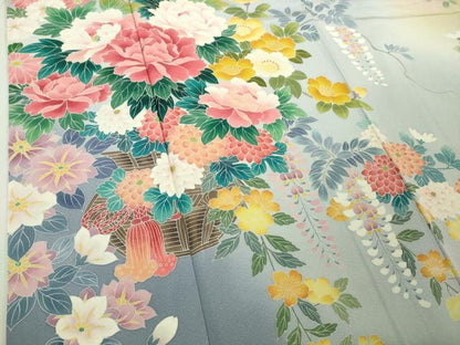 平和屋着物●極上　振袖　友禅　作家物　吉祥花文　暈し染め　逸品　DZAB5382kh6