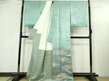 平和屋本店●最高級 初代 久保田一竹 幻の辻が花 色留訪問着 絞り 辻が花12個 青竹色地 暈し染め 金通し地　さが美扱い　逸品　DZAB5384kh6