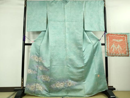 平和屋本店●最高級 初代 久保田一竹 幻の辻が花 色留訪問着 絞り 辻が花12個 青竹色地 暈し染め 金通し地　さが美扱い　逸品　DZAB5384kh6
