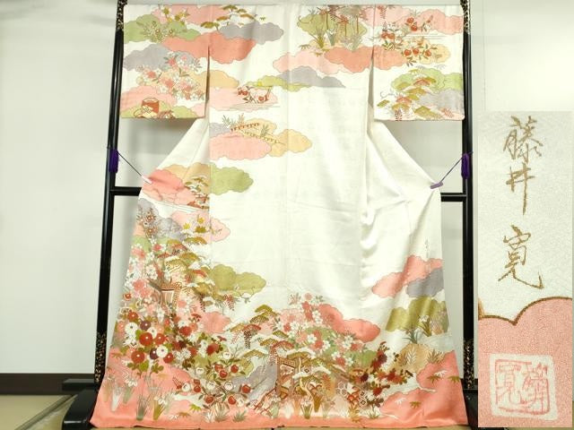 平和屋本店●極上　皇室献上作家　藤井寛　訪問着　駒刺繍　御所車吉祥花文　金彩　ロング丈　逸品　未使用　DZAB5389kh6