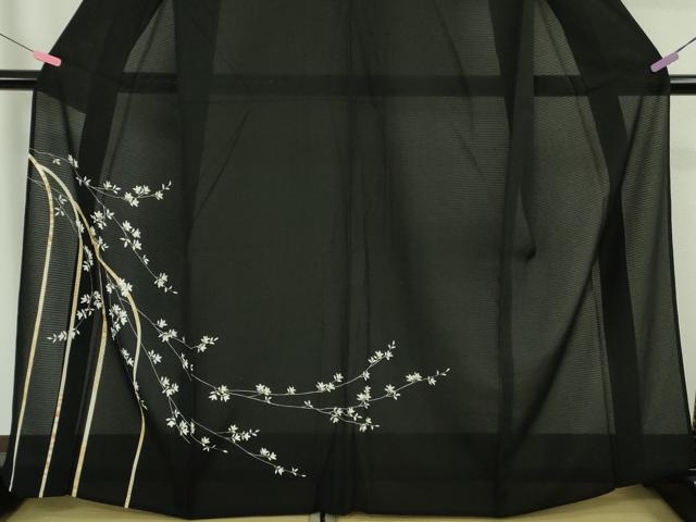 平和屋本店＊極上 夏物 訪問着 絽縮緬 枝垂れ花 黒地 金彩 逸品 未使用 DZAB5393kh6