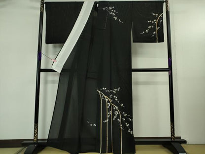 平和屋本店＊極上 夏物 訪問着 絽縮緬 枝垂れ花 黒地 金彩 逸品 未使用 DZAB5393kh6