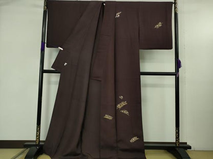 平和屋本店●極上　創業460年・千總　訪問着　紬地　刺繍　草花文　紫黒色地　金糸　東武百貨店扱い　逸品　DZAB5398kh6