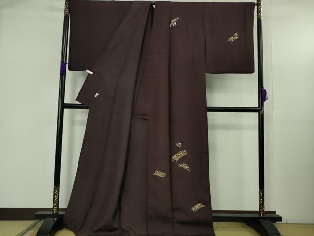 平和屋本店●極上　創業460年・千總　訪問着　紬地　刺繍　草花文　紫黒色地　金糸　東武百貨店扱い　逸品　DZAB5398kh6