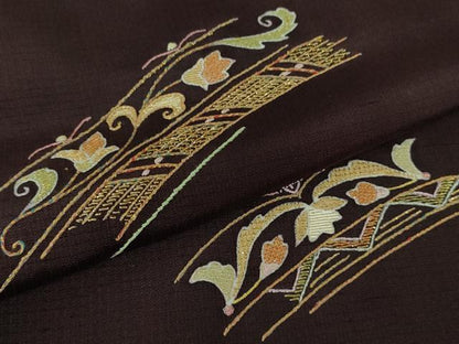 平和屋本店●極上　創業460年・千總　訪問着　紬地　刺繍　草花文　紫黒色地　金糸　東武百貨店扱い　逸品　DZAB5398kh6