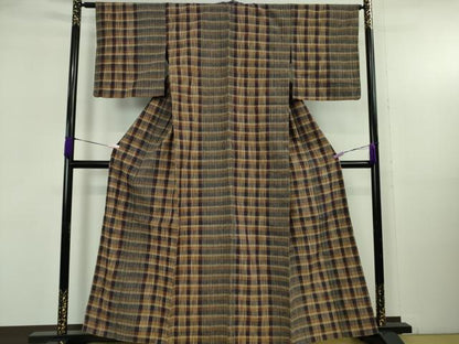 平和屋本店▽極上　浦野理一　経節紬　単衣　格子　間道　逸品　DZAB5399kh6