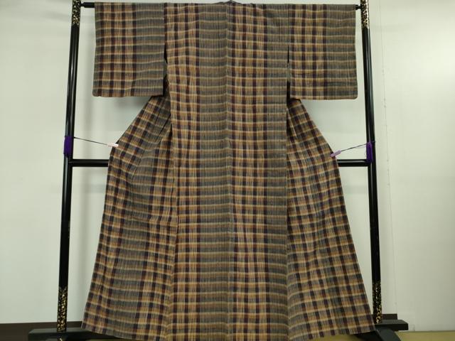 平和屋本店▽極上　浦野理一　経節紬　単衣　格子　間道　逸品　DZAB5399kh6