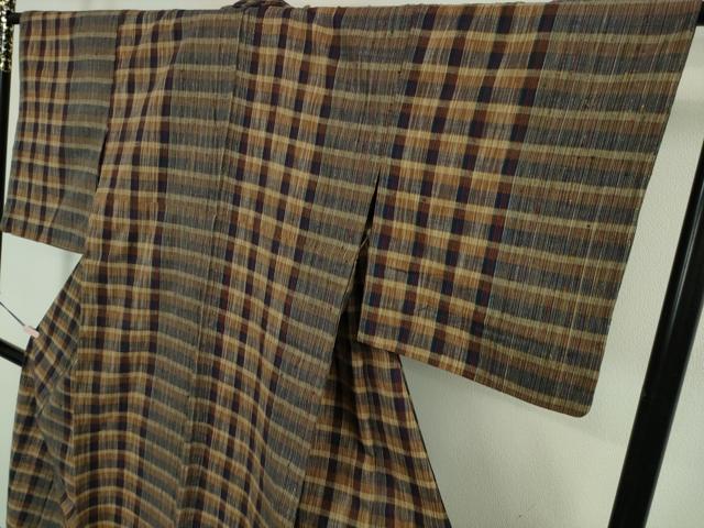 平和屋本店▽極上　浦野理一　経節紬　単衣　格子　間道　逸品　DZAB5399kh6