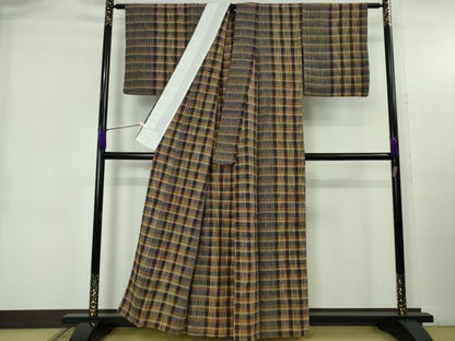 平和屋本店▽極上　浦野理一　経節紬　単衣　格子　間道　逸品　DZAB5399kh6