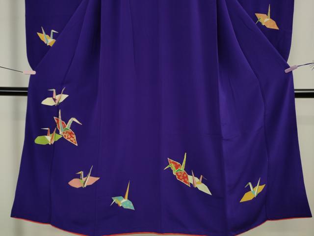 平和屋本店∵極上　創業460年・千總 女の子 十三参り 子供 祝着　駒刺繍　折り鶴　濃いパンジー色地　金彩　鬼しぼ縮緬　逸品　DZAB5405kh6