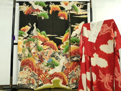 平和屋本店●極上　アンティーク　大正ロマン　振袖・長襦袢(袷)セット　刺繍　御所車飛鶴花文　黒地　金彩　逸品　DZAB5406kh6