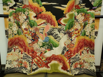 平和屋本店●極上　アンティーク　大正ロマン　振袖・長襦袢(袷)セット　刺繍　御所車飛鶴花文　黒地　金彩　逸品　DZAB5406kh6