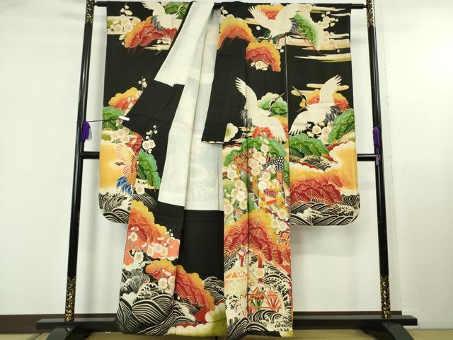 平和屋本店●極上　アンティーク　大正ロマン　振袖・長襦袢(袷)セット　刺繍　御所車飛鶴花文　黒地　金彩　逸品　DZAB5406kh6
