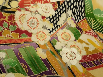 平和屋本店●極上　アンティーク　大正ロマン　振袖・長襦袢(袷)セット　刺繍　御所車飛鶴花文　黒地　金彩　逸品　DZAB5406kh6