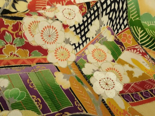 平和屋本店●極上　アンティーク　大正ロマン　振袖・長襦袢(袷)セット　刺繍　御所車飛鶴花文　黒地　金彩　逸品　DZAB5406kh6