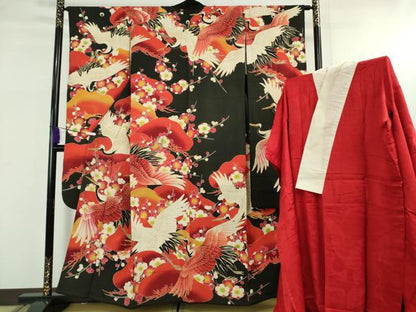平和屋本店●極上　アンティーク　大正ロマン　振袖・長襦袢(袷)セット　刺繍　飛鶴松文　黒地　金彩　逸品　DZAB5407kh6