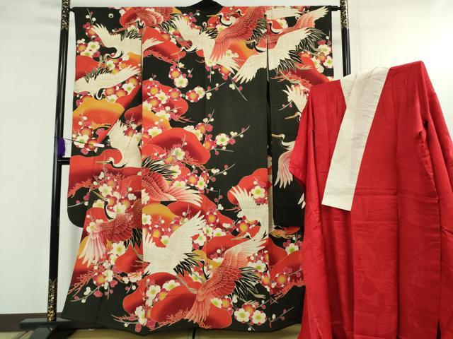 平和屋本店●極上　アンティーク　大正ロマン　振袖・長襦袢(袷)セット　刺繍　飛鶴松文　黒地　金彩　逸品　DZAB5407kh6