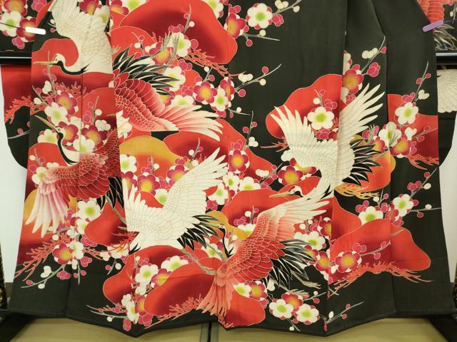 平和屋本店●極上　アンティーク　大正ロマン　振袖・長襦袢(袷)セット　刺繍　飛鶴松文　黒地　金彩　逸品　DZAB5407kh6