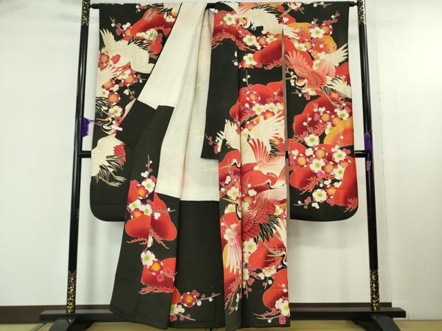 平和屋本店●極上　アンティーク　大正ロマン　振袖・長襦袢(袷)セット　刺繍　飛鶴松文　黒地　金彩　逸品　DZAB5407kh6