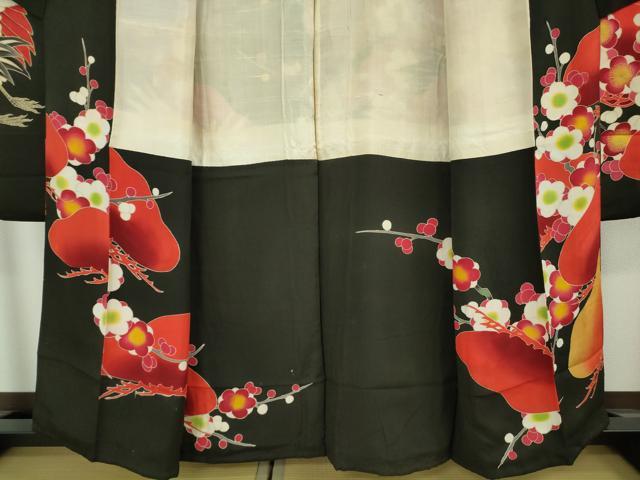 平和屋本店●極上　アンティーク　大正ロマン　振袖・長襦袢(袷)セット　刺繍　飛鶴松文　黒地　金彩　逸品　DZAB5407kh6
