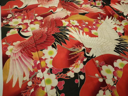 平和屋本店●極上　アンティーク　大正ロマン　振袖・長襦袢(袷)セット　刺繍　飛鶴松文　黒地　金彩　逸品　DZAB5407kh6