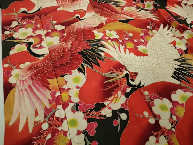 平和屋本店●極上　アンティーク　大正ロマン　振袖・長襦袢(袷)セット　刺繍　飛鶴松文　黒地　金彩　逸品　DZAB5407kh6