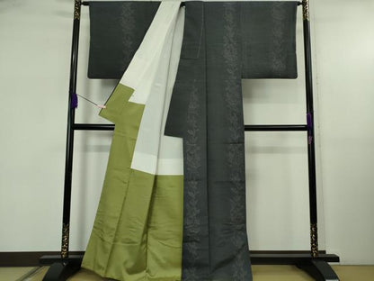 平和屋着物●極上　結城紬　100亀甲　飛び亀甲柄　草花間道　青褐色地　銀座おゝぎ屋　証紙付き　逸品　DZAB5408kh6