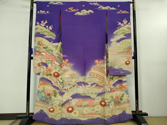 平和屋本店●極上　アンティーク　大正ロマン　振袖　御所車渡橋花文　暈し染め　逸品　DZAB5410kh6