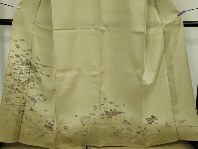 平和屋着物▽極上　京都老舗　尾峨佐染繍　訪問着　生紬　単衣　総刺繍　蘇州刺繍　風景花文　砂色地　金糸　反端付き　逸品　DZAB5416kh6