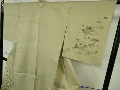 平和屋着物▽極上　京都老舗　尾峨佐染繍　訪問着　生紬　単衣　総刺繍　蘇州刺繍　風景花文　砂色地　金糸　反端付き　逸品　DZAB5416kh6