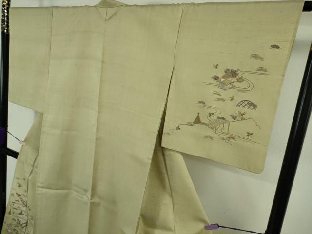 平和屋着物▽極上　京都老舗　尾峨佐染繍　訪問着　生紬　単衣　総刺繍　蘇州刺繍　風景花文　砂色地　金糸　反端付き　逸品　DZAB5416kh6