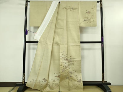 平和屋着物▽極上　京都老舗　尾峨佐染繍　訪問着　生紬　単衣　総刺繍　蘇州刺繍　風景花文　砂色地　金糸　反端付き　逸品　DZAB5416kh6