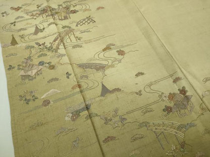 平和屋着物▽極上　京都老舗　尾峨佐染繍　訪問着　生紬　単衣　総刺繍　蘇州刺繍　風景花文　砂色地　金糸　反端付き　逸品　DZAB5416kh6
