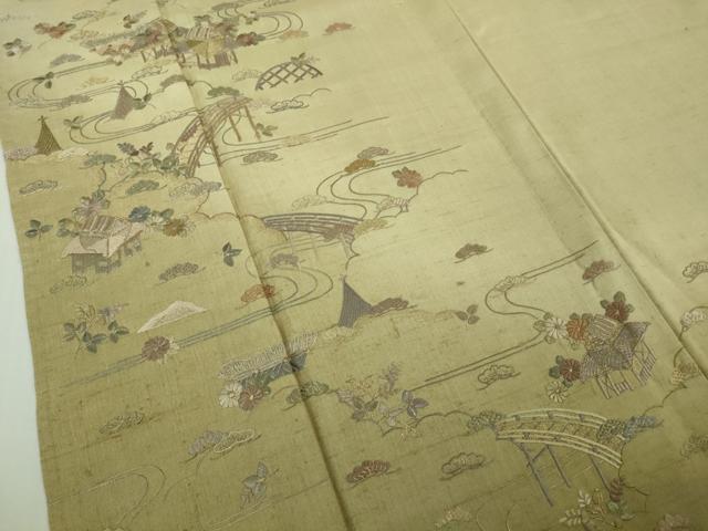 平和屋着物▽極上　京都老舗　尾峨佐染繍　訪問着　生紬　単衣　総刺繍　蘇州刺繍　風景花文　砂色地　金糸　反端付き　逸品　DZAB5416kh6