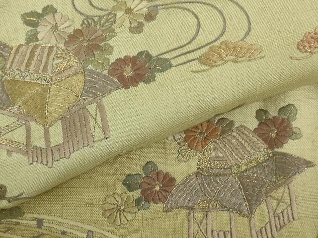 平和屋着物▽極上　京都老舗　尾峨佐染繍　訪問着　生紬　単衣　総刺繍　蘇州刺繍　風景花文　砂色地　金糸　反端付き　逸品　DZAB5416kh6