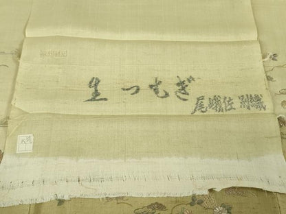 平和屋着物▽極上　京都老舗　尾峨佐染繍　訪問着　生紬　単衣　総刺繍　蘇州刺繍　風景花文　砂色地　金糸　反端付き　逸品　DZAB5416kh6