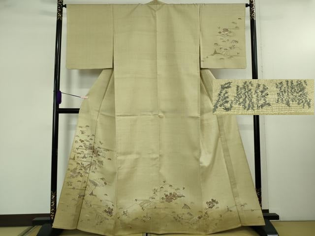 平和屋着物▽極上　京都老舗　尾峨佐染繍　訪問着　生紬　単衣　総刺繍　蘇州刺繍　風景花文　砂色地　金糸　反端付き　逸品　DZAB5416kh6