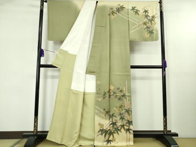 平和屋着物●極上　皇室デザイナー　中村乃武夫　訪問着　枝葉　破れ色紙散らし　柳茶色地　暈し染め　金彩　逸品　未使用　DZAB5417kh6