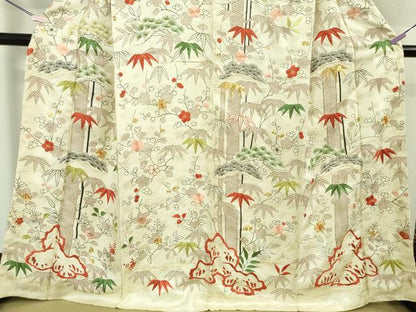 平和屋本店●極上　訪問着　駒刺繍　松竹梅　文字文　鳥の子色地　金糸　逸品　未使用　DZAB5418kh6
