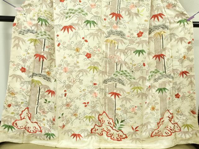 平和屋本店●極上　訪問着　駒刺繍　松竹梅　文字文　鳥の子色地　金糸　逸品　未使用　DZAB5418kh6
