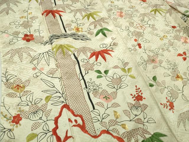 平和屋本店●極上　訪問着　駒刺繍　松竹梅　文字文　鳥の子色地　金糸　逸品　未使用　DZAB5418kh6