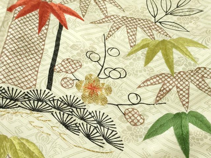 平和屋本店●極上　訪問着　駒刺繍　松竹梅　文字文　鳥の子色地　金糸　逸品　未使用　DZAB5418kh6