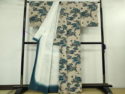 平和屋本店●極上　本場琉球紅型　藍型　小紋　蜻蛉　トンボ　舞蝶　糸車　枯野色地　鬼しぼ縮緬　逸品　DZAB5425kh6