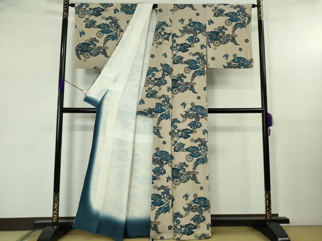平和屋本店●極上　本場琉球紅型　藍型　小紋　蜻蛉　トンボ　舞蝶　糸車　枯野色地　鬼しぼ縮緬　逸品　DZAB5425kh6