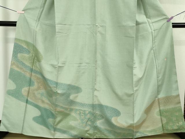 平和屋着物●極上　石川県指定無形文化財　牛首紬　白山工房　手織り　流水花文　柳鼠色地　金彩　逸品　未使用　DZAB5427kh6