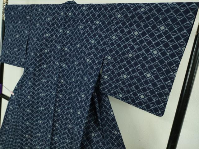 平和屋着物▽極上　久留米絣　単衣　伝統藍染　綿　菱青海波　反端付き　逸品　未使用　DZAB5433kh6