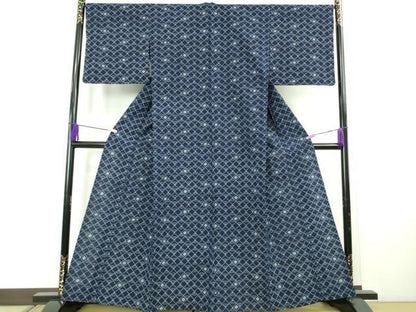 平和屋着物▽極上　久留米絣　単衣　伝統藍染　綿　菱青海波　反端付き　逸品　未使用　DZAB5433kh6