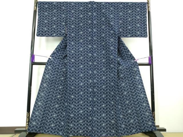 平和屋着物▽極上　久留米絣　単衣　伝統藍染　綿　菱青海波　反端付き　逸品　未使用　DZAB5433kh6