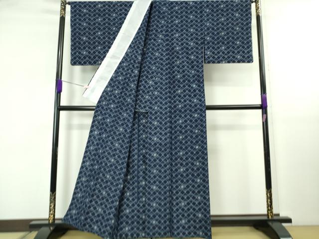 平和屋着物▽極上　久留米絣　単衣　伝統藍染　綿　菱青海波　反端付き　逸品　未使用　DZAB5433kh6